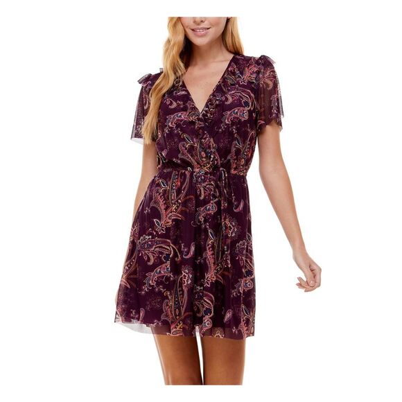 CITY STUDIO Dresses & Skirts - CITY STUDIO Womens Purple Tie Mesh Flutter Sleeve Mini Dress XXS